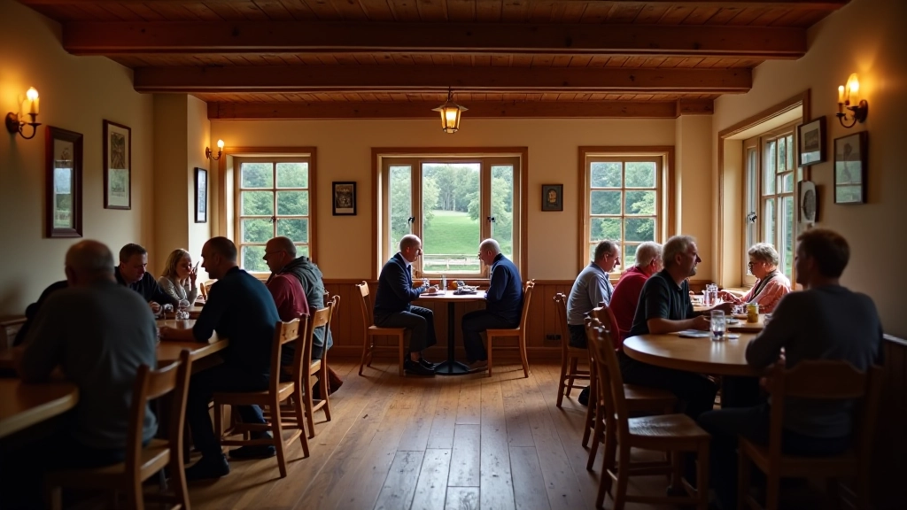Indoor museum café with traditional wooden furnishings, comfortable seating, warm lighting, visitors relaxing with beverages and snacks