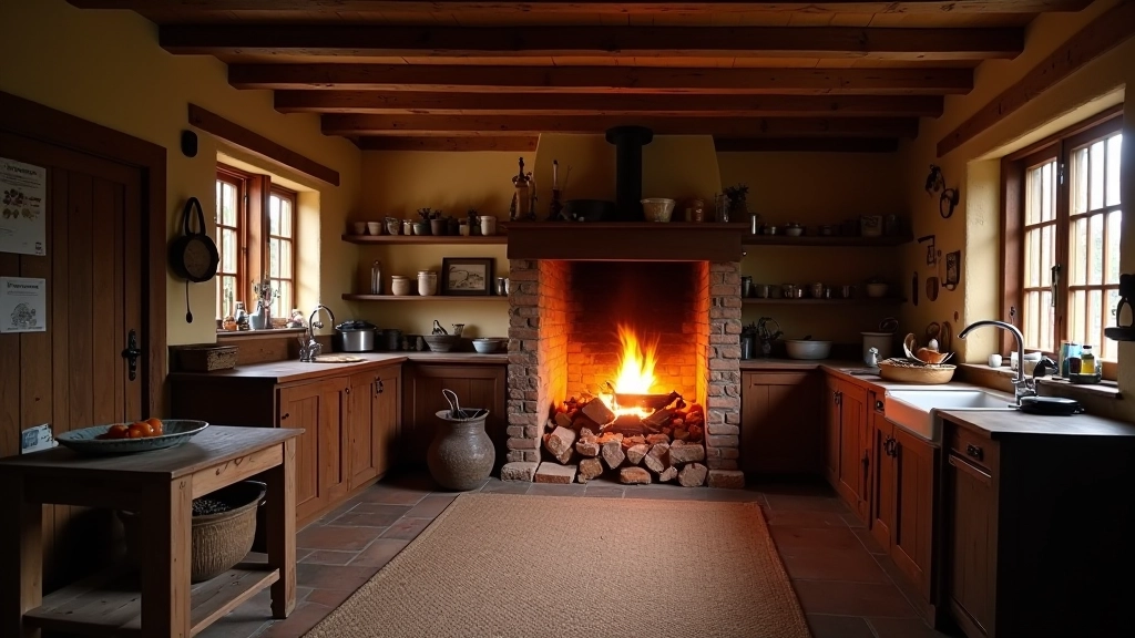 Interior view of traditional Latvian farmhouse kitchen showing cooking hearth and living space arrangement