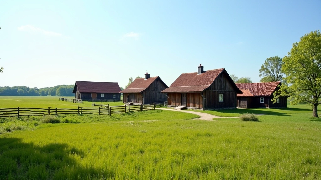 Wide landscape view of traditional farmstead with outbuildings and wooden structures surrounded by fields