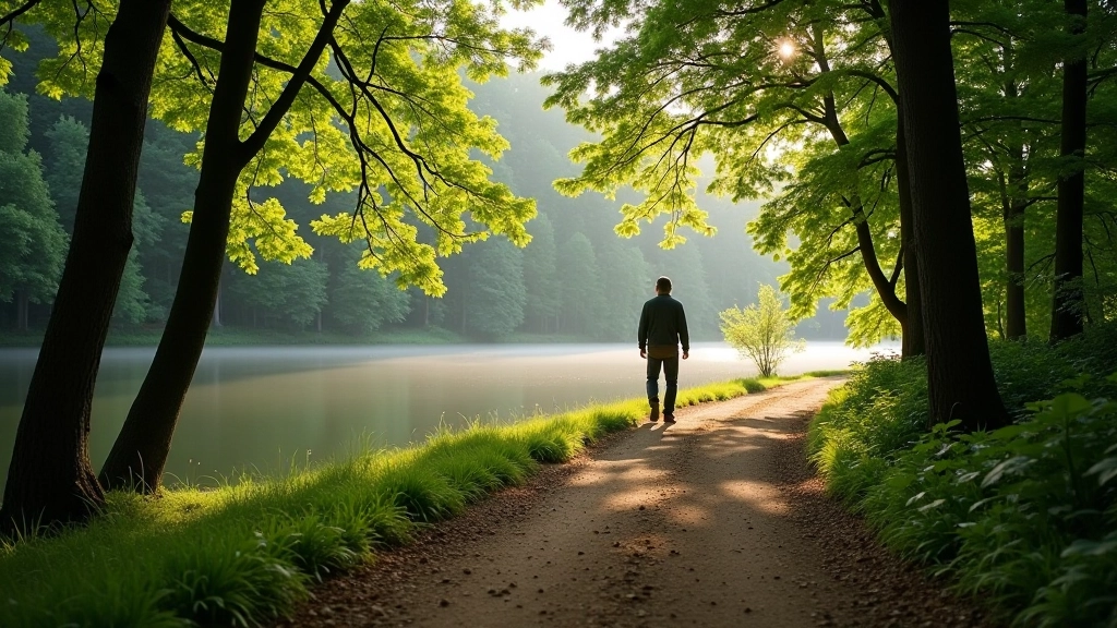 Person walking along peaceful woodland path beside calm lake with trees reflecting in water