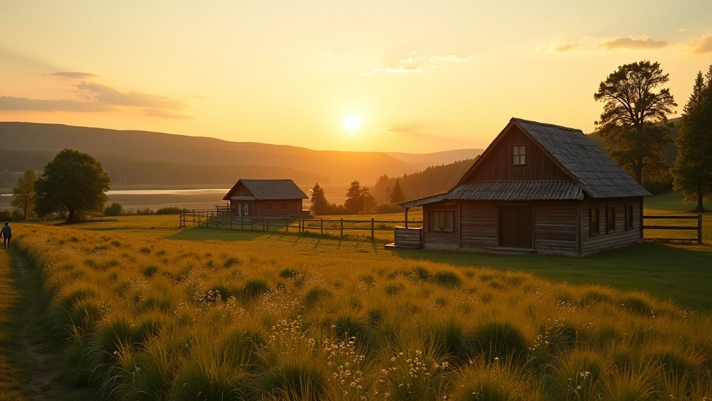 Scenic view of traditional Latvian farmstead with early morning golden light, peaceful countryside setting with rolling landscape