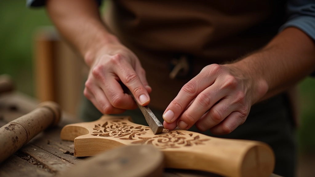 Hands of skilled craftsperson carving intricate wooden design with traditional tools on wooden board