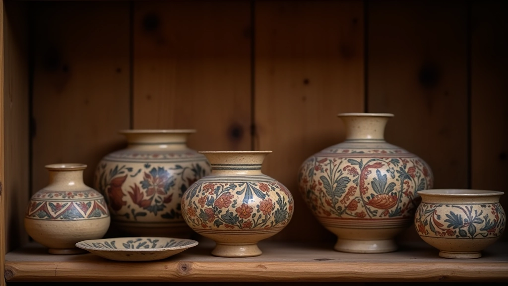 Collection of traditional Latvian ceramic vessels with hand-painted decorative patterns arranged on wooden shelf