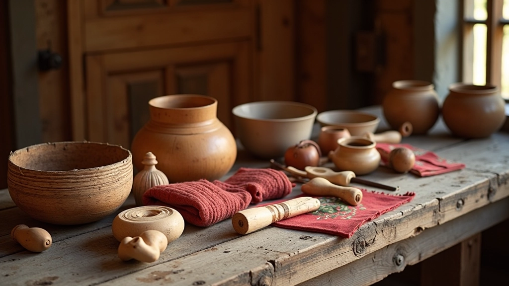 Close-up of traditional wooden crafts and textiles displayed on rustic wooden table