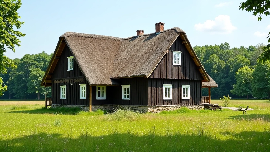 Traditional wooden farmhouse with white windows and thatched roof surrounded by green meadow