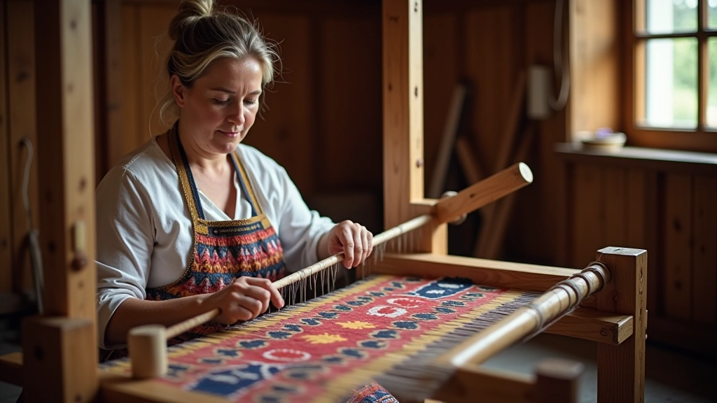 Traditional wooden loom with colorful threads in progress, showing intricate weaving pattern in progress