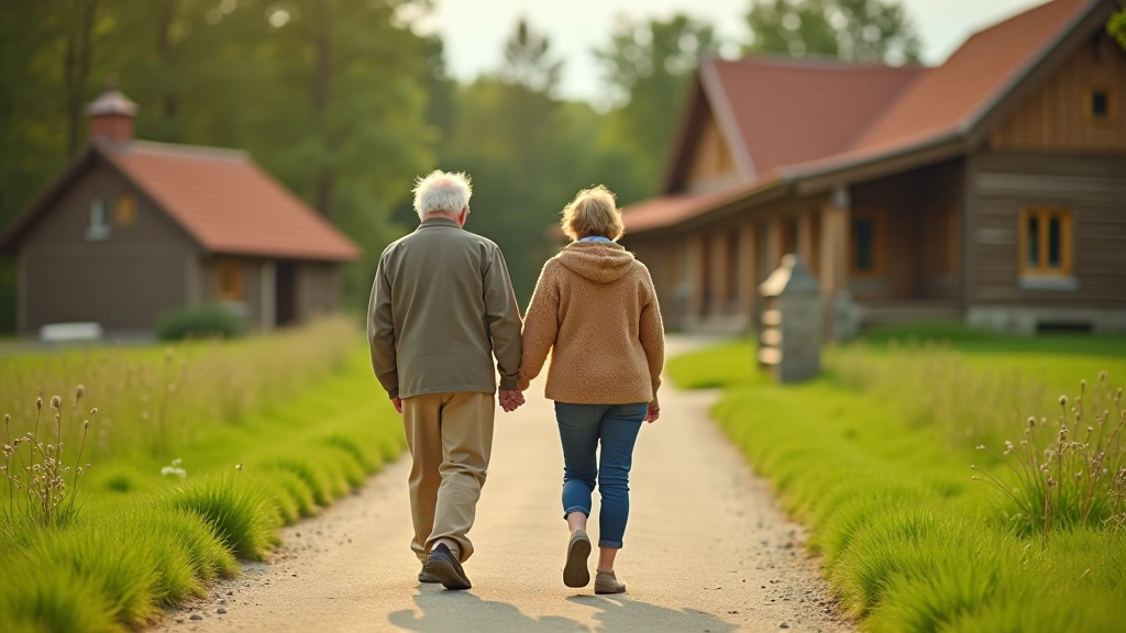 Retired couple walking together on museum grounds, enjoying peaceful outdoor setting with historic buildings
