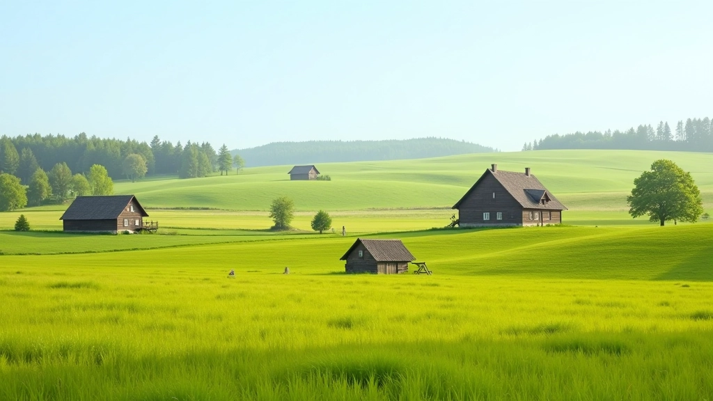 Scenic view of traditional Latvian countryside with green meadows and wooden structures