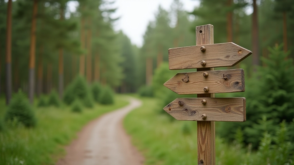 Weathered directional signpost on woodland path with multiple route markers and arrows pointing different directions